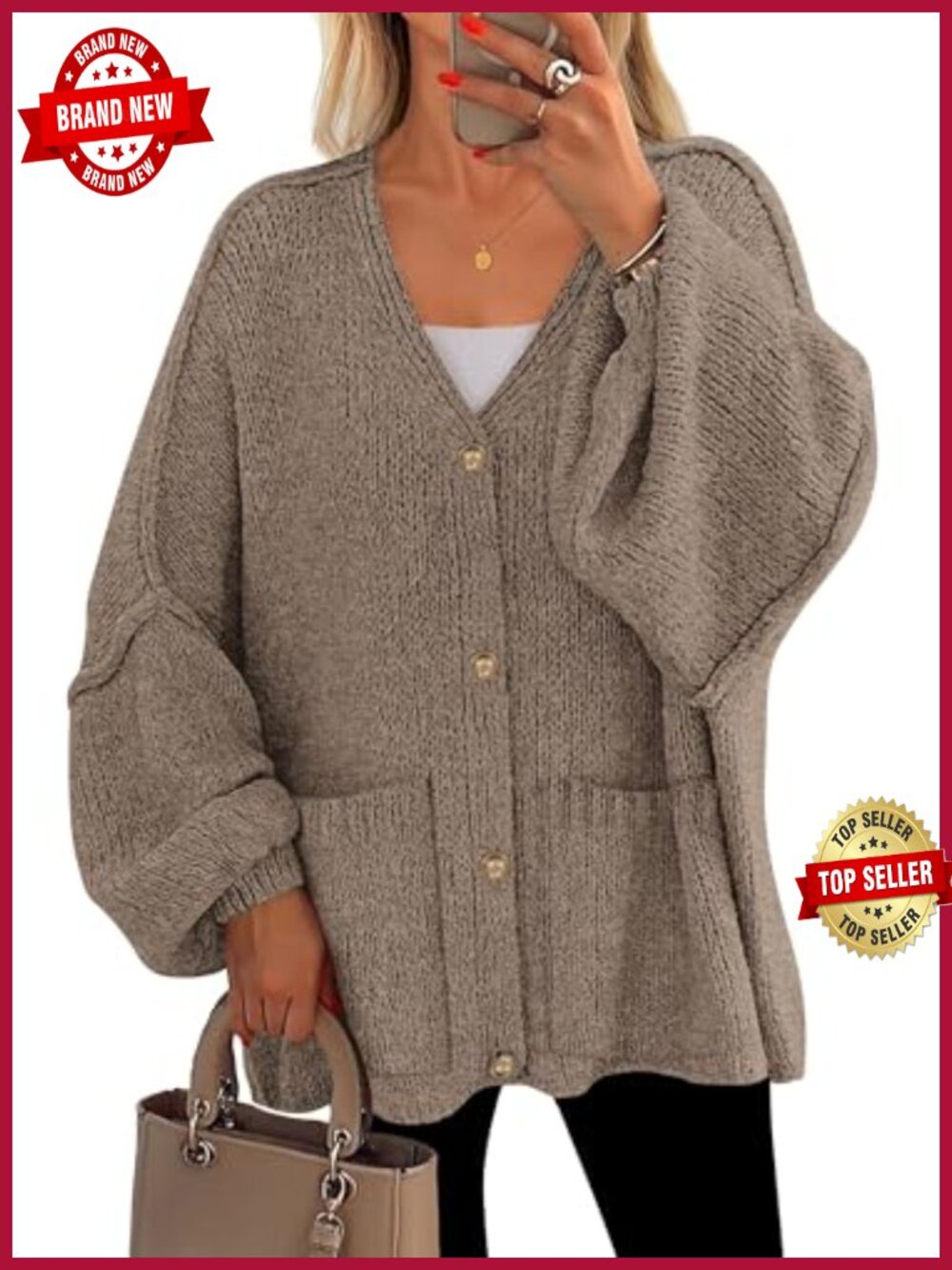 Oversized Chunky Cardigan V-Neck Lantern Sleeve Button Down Women's Sweater